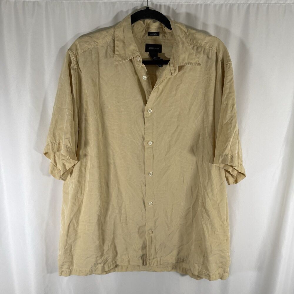 Claiborne Hawaiian 100% Silk Shirt Men's XL Solid Yellow Button Up Short Sleeve